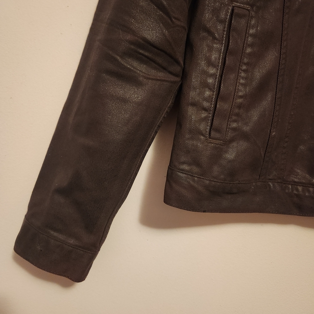 7 For All Mankind Brown Classic Coated Waxed Denim Trucker Jacket Size M NWOT - Picture 2 of 9